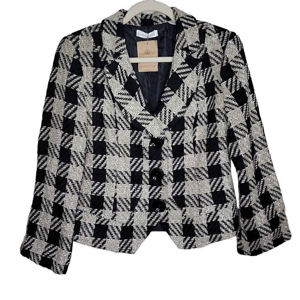 Coldwater Creek Buffalo Check Long Sleeve Blazer Jacket Black Tan Petite 10